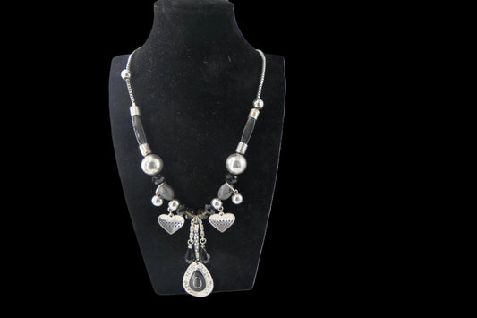 Silver & Black Bead Heart Charm Teardrop Necklace front