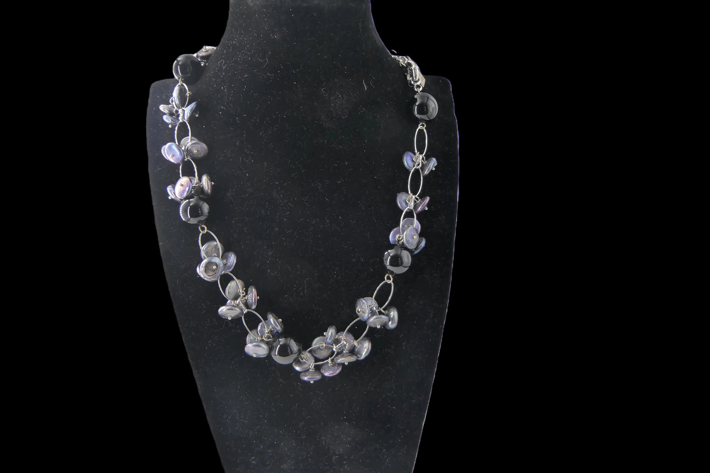 Silver Oval Link Chain with Grey Keshi Pearl Drops Necklace front