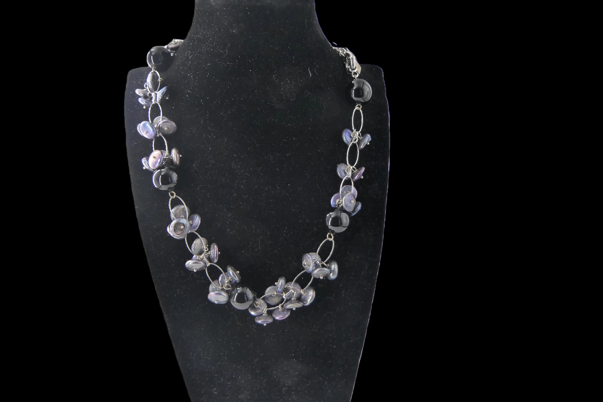 Silver Oval Link Chain with Grey Keshi Pearl Drops Necklace front