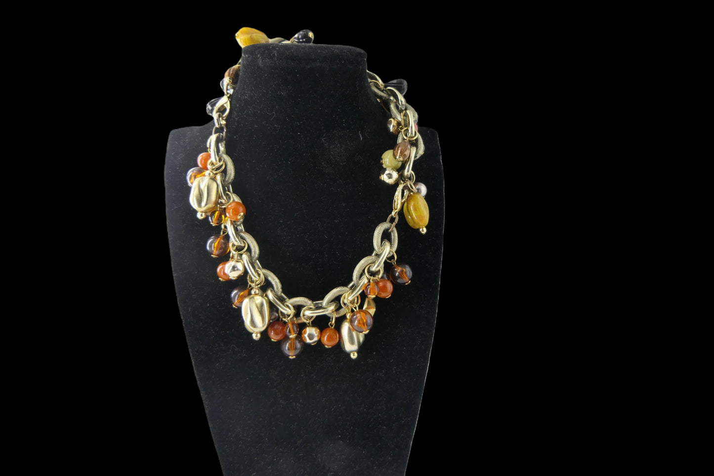 Gold Oval Link Chain with Amber & Topaz Bead Drops Necklace front
