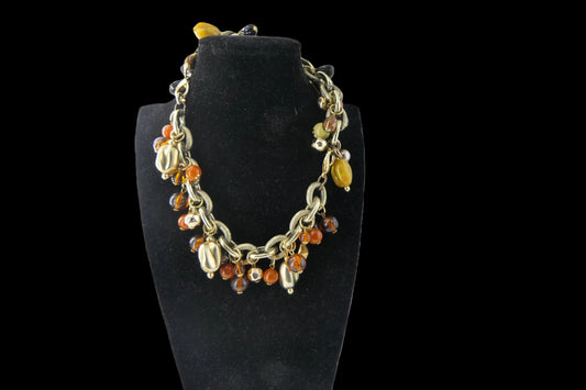 Gold Oval Link Chain with Amber & Topaz Bead Drops Necklace front