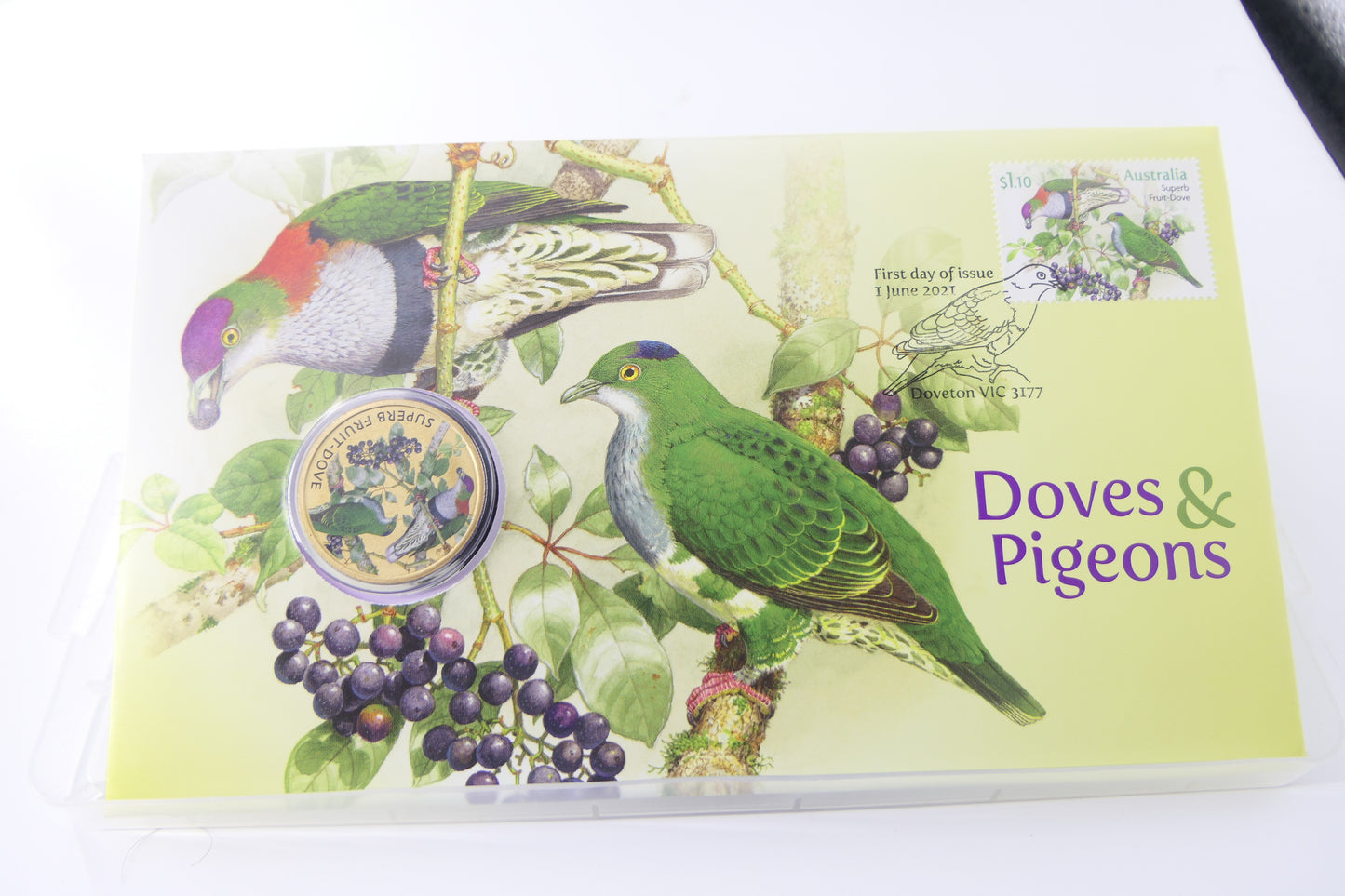 2021 Australia Post Doves & Pigeons PNC — Superb Fruit-Dove $1 Coloured Coin First Day of Issue Doveton front