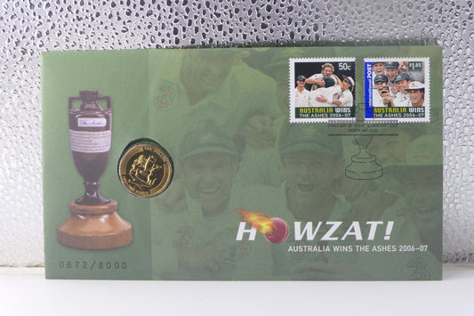 2007 Australia Post Howzat! Australia Wins the Ashes 2006-07 PNC — $1 Coin First Day of Issue Perth Wa front