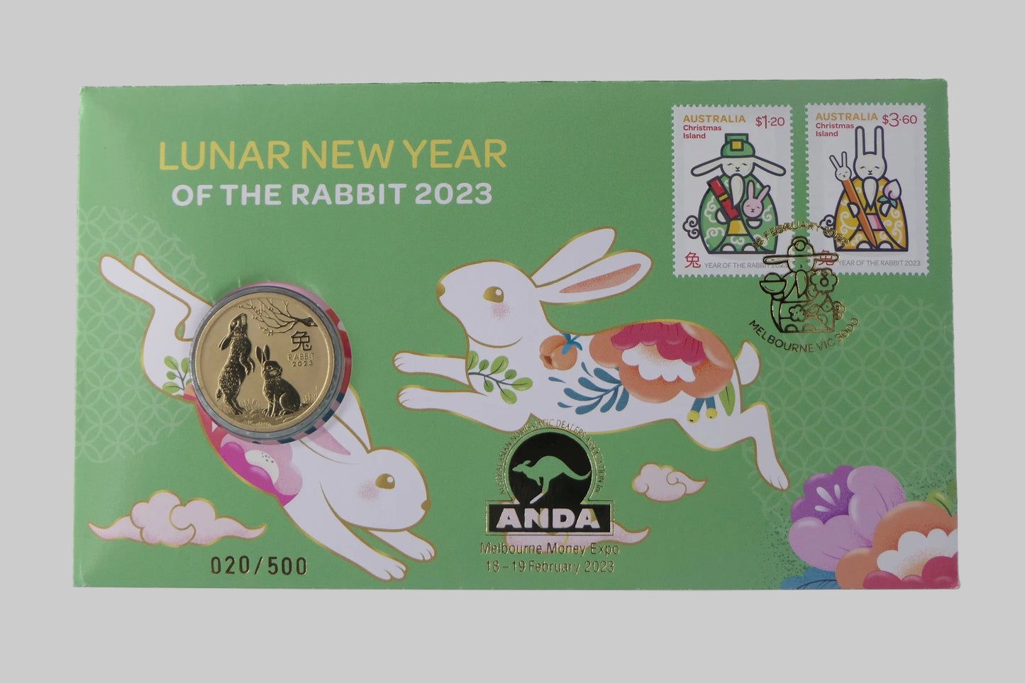 2023 Australia Post Lunar New Year of the Rabbit PNC — $1 Coin ANDA Melbourne Money Expo front