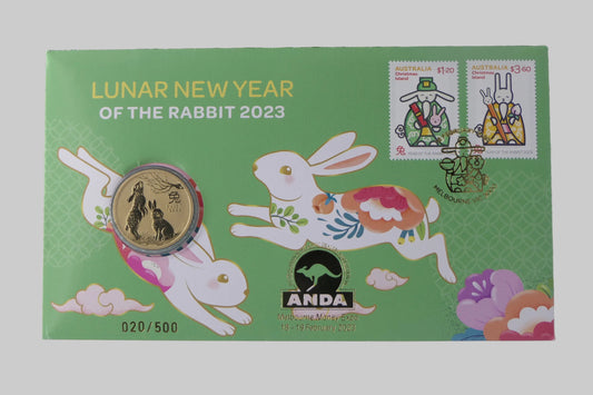 2023 Australia Post Lunar New Year of the Rabbit PNC — $1 Coin ANDA Melbourne Money Expo front