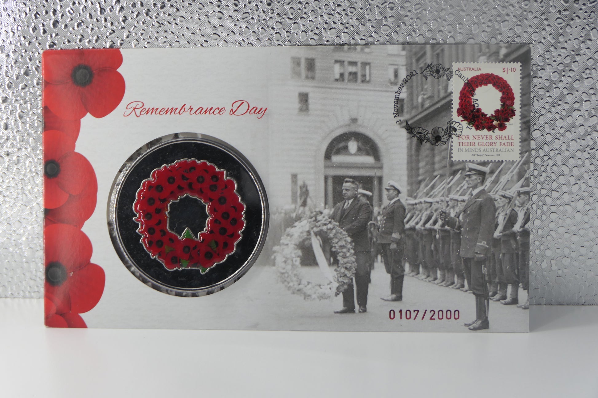 2021 Australia Post Remembrance Day PNC — Coloured $1 Poppy Wreath Coin front