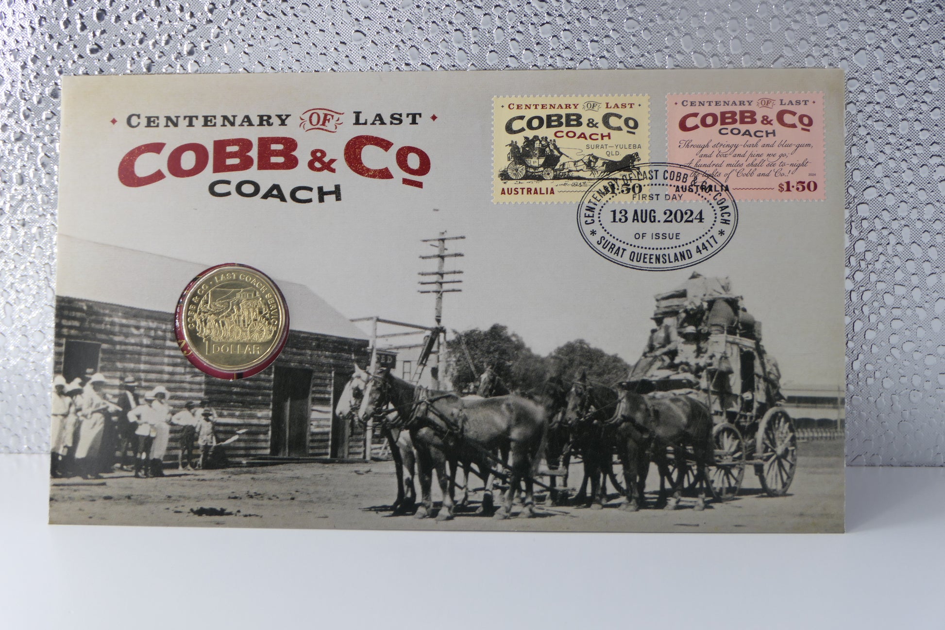 2024 Australia Post Centenary of Last Cobb & Co Coach PNC — $1 Coin First Day of Issue Surat Qld front