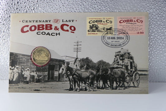 2024 Australia Post Centenary of Last Cobb & Co Coach PNC — $1 Coin First Day of Issue Surat Qld front