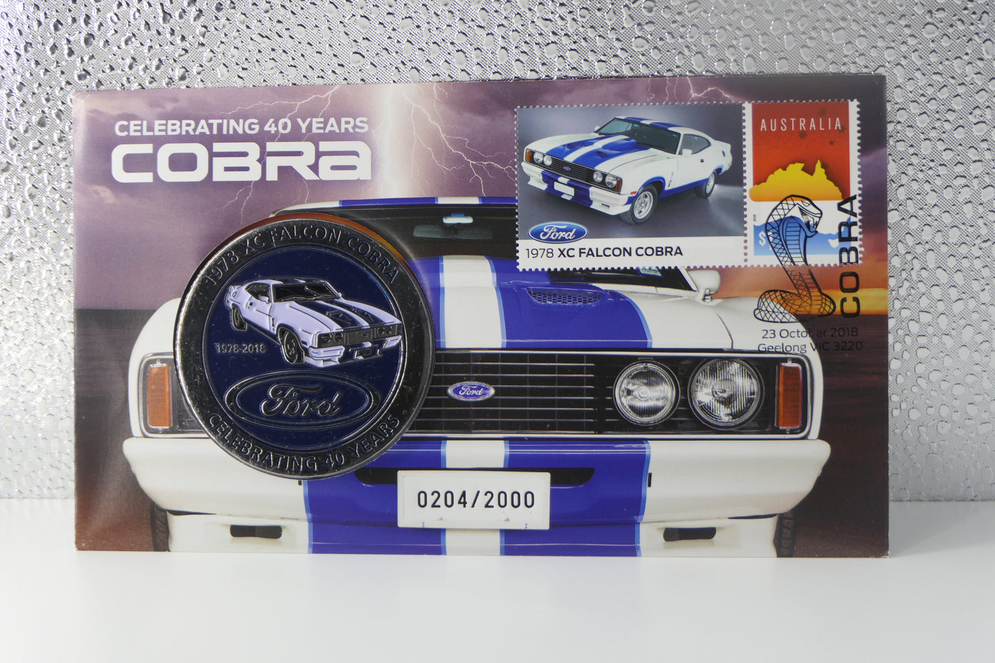 2018 Australia Post Celebrating 40 Years Ford Xc Falcon Cobra PNC — Coloured $1 Coin Geelong Vic front