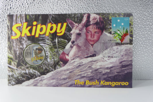 2020 Australia Post Skippy the Bush Kangaroo PNC — Coloured 50c Coin First Day of Issue Kangaroo Valley Nsw front