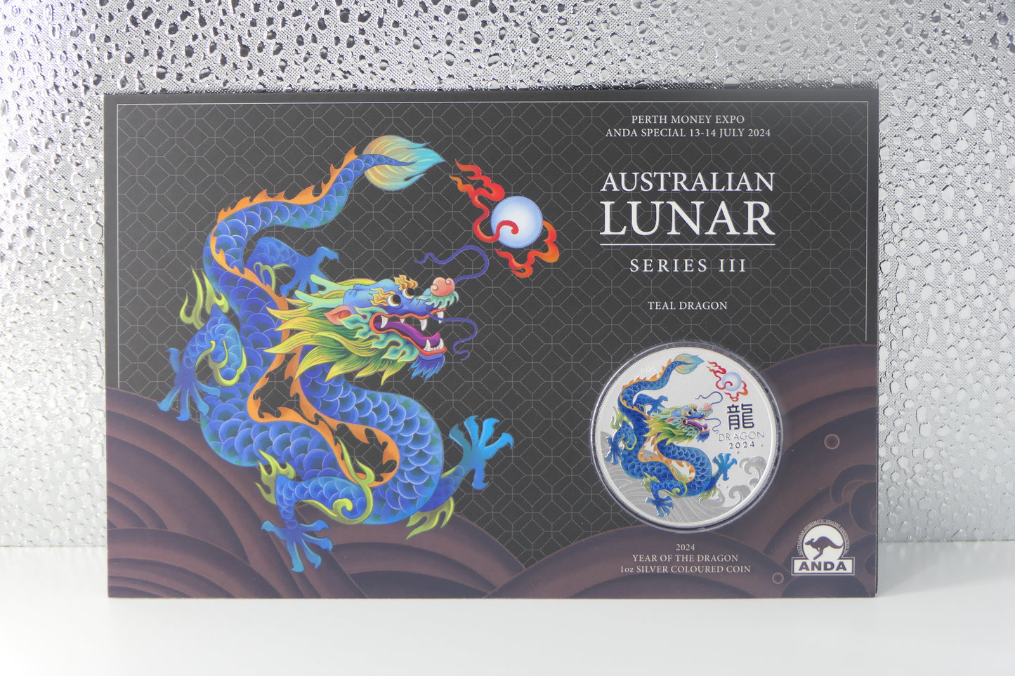 2024 Australian Lunar Series Iii — Teal Dragon 1oz Silver Coloured Coin Perth Money Expo ANDA Special front