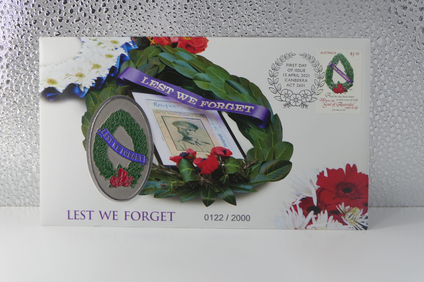 2021 Australia Post Lest We Forget PNC — Coloured Medallion First Day of Issue Canberra Act front
