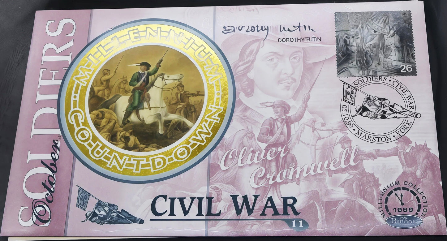 1999 Millennium Collection Soldiers Civil War PNC — Oliver Cromwell Coloured Medallion Signed Dorothy Tutin front
