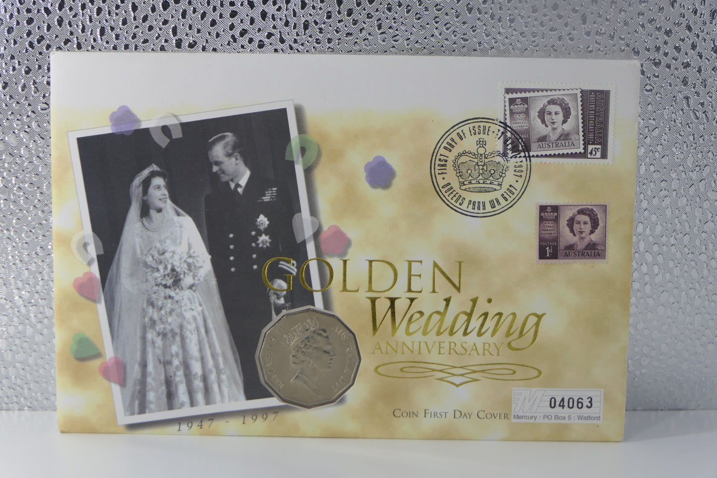 1997 Golden Wedding Anniversary Coin First Day Cover — 50c Coin Queens Park Wa PNC front
