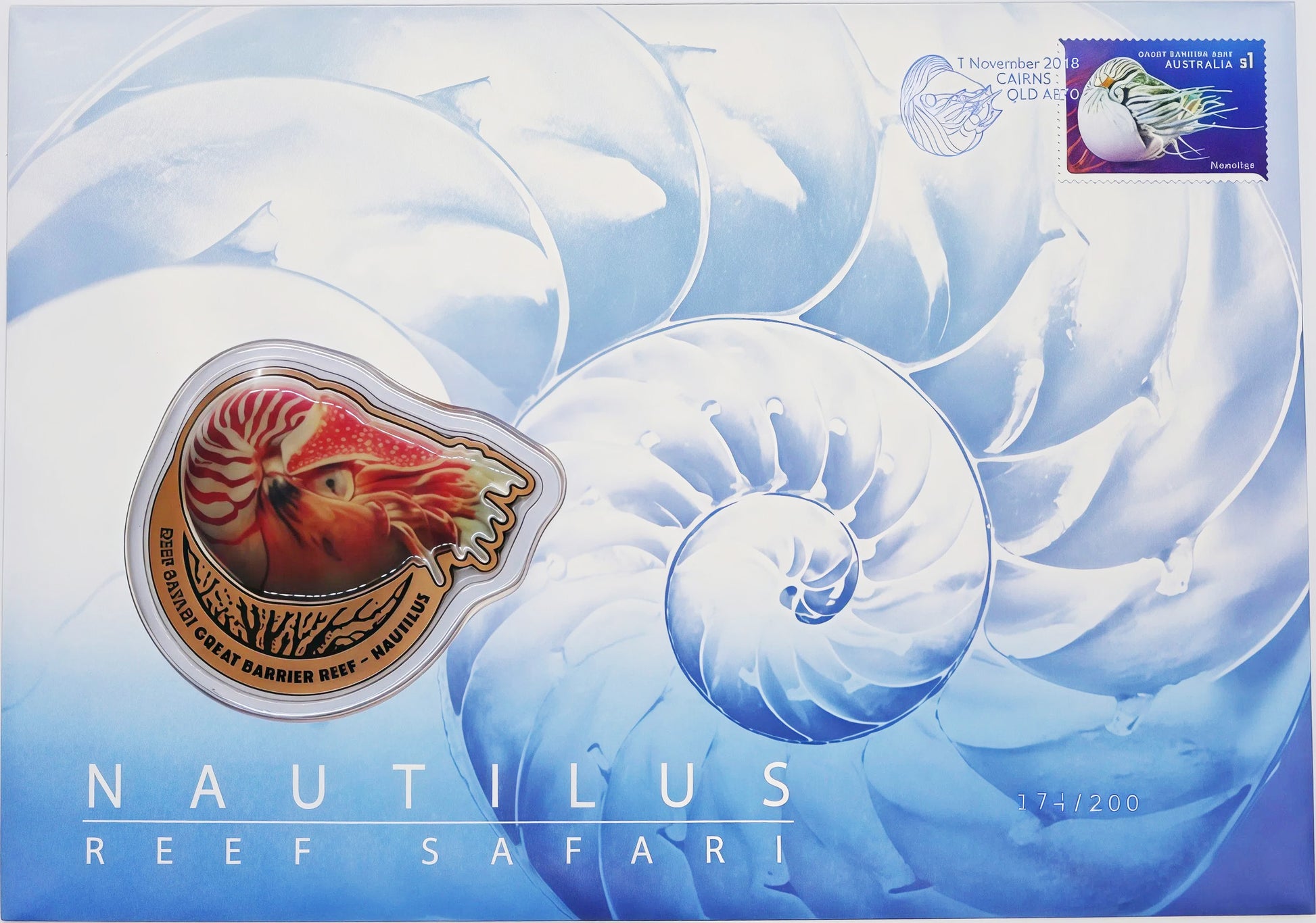 2018 Australia Post Nautilus Reef Safari PNC — Shaped Coloured Coin Great Barrier Reef First Day of Issue Cairns Qld front