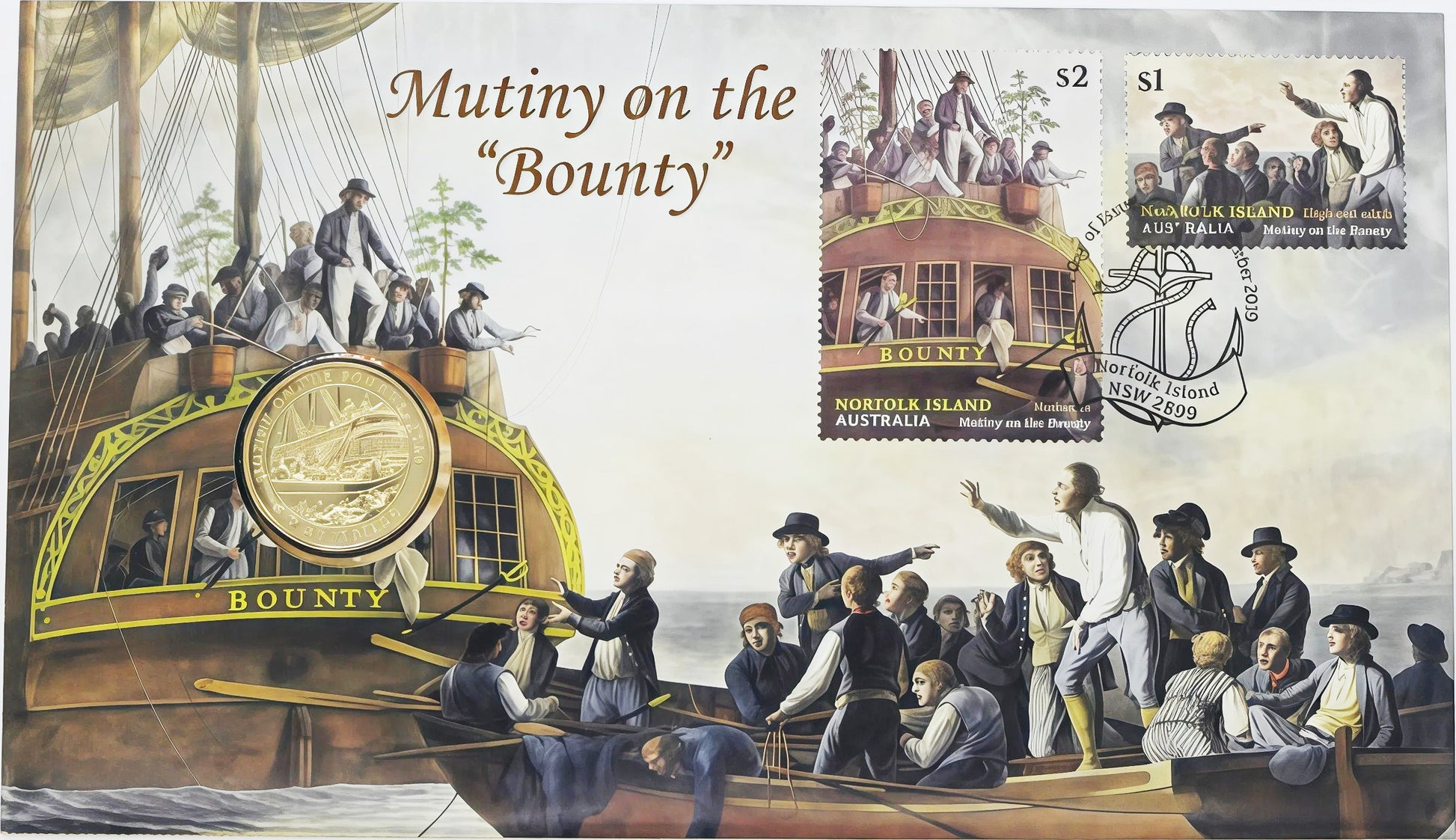 2019 Australia Post Mutiny on the Bounty PNC — $1 Coin First Day of Issue Norfolk Island Nsw front
