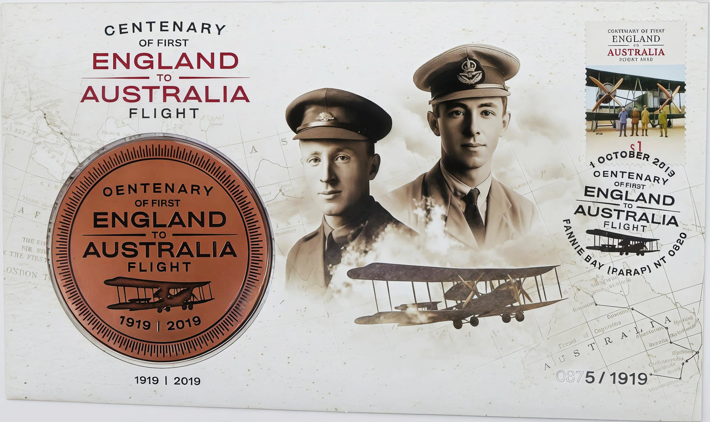 Centenary of England to Australia Flight Coin Cover — 1919—2019 PNC front