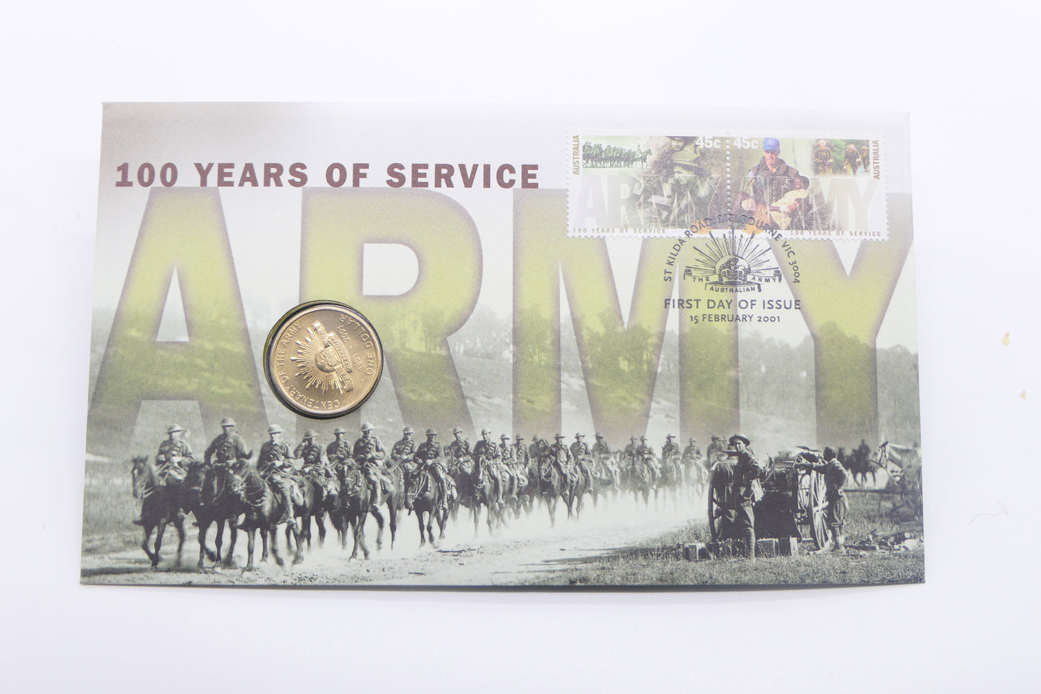 2001 Australian Army — 100 Years of Service PNC — First Day of Issue St Kilda Road Melbourne Vic front