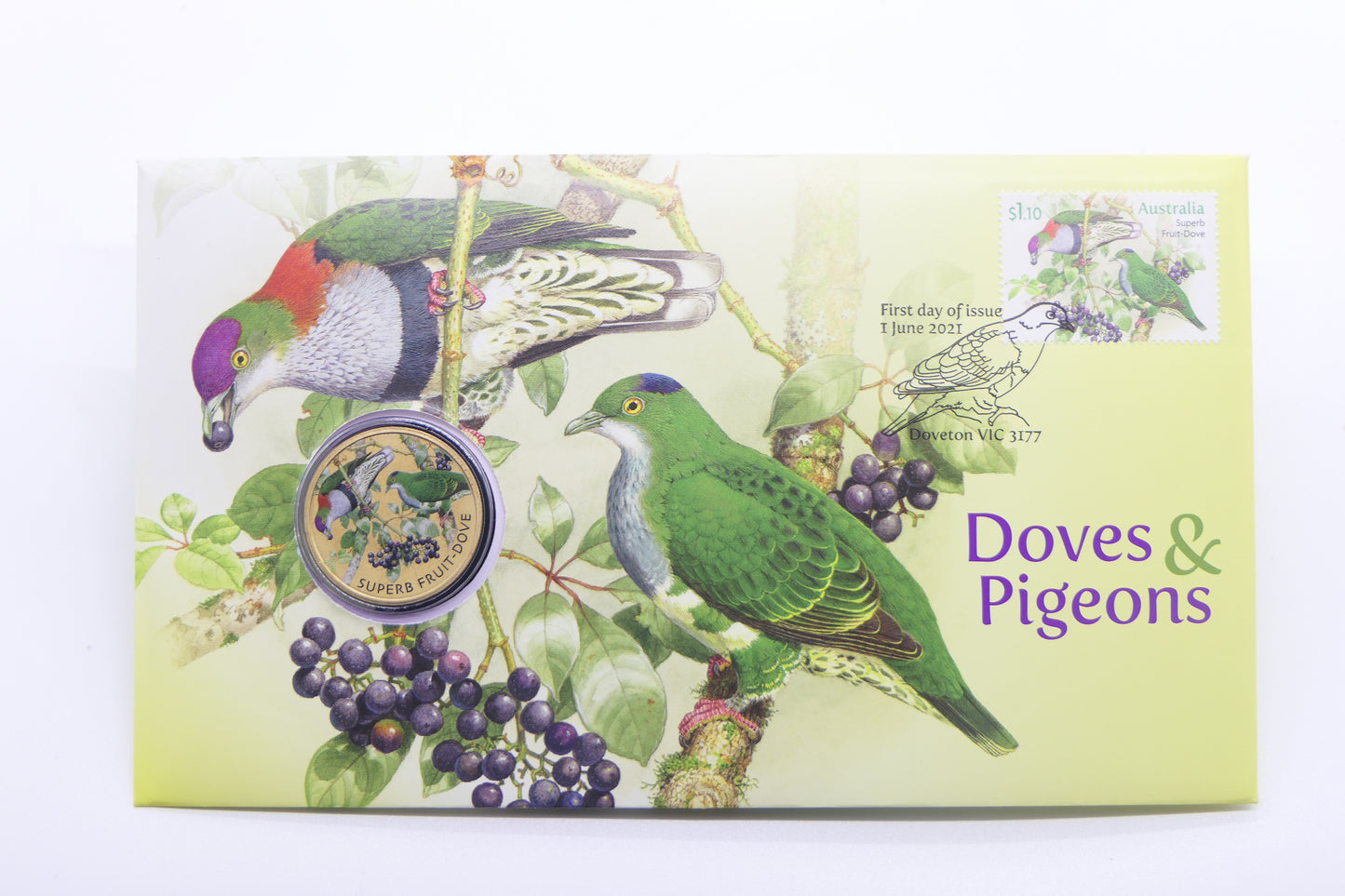 2021 Doves & Pigeons PNC — Superb Fruit-Dove — First Day of Issue Doveton Vic front