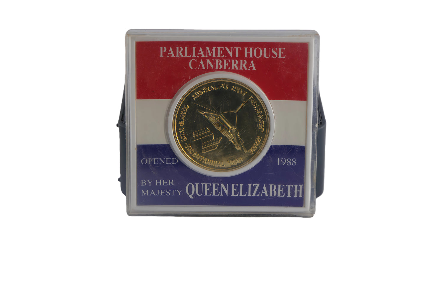 Parliament House Canberra 1988 $1 Coin — Opened by Queen Elizabeth II — Display Case front