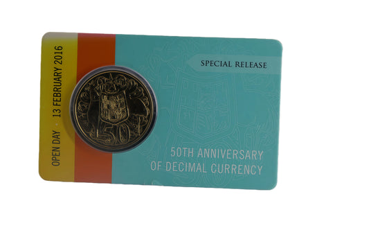 Royal Australian Mint 50th Anniversary of Decimal Currency 2016 Open Day Special Release 50c Coin Card front
