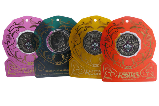 Festive Florals Christmas 2025 50c Uncirculated Coin Card — Set of 4 Colours front