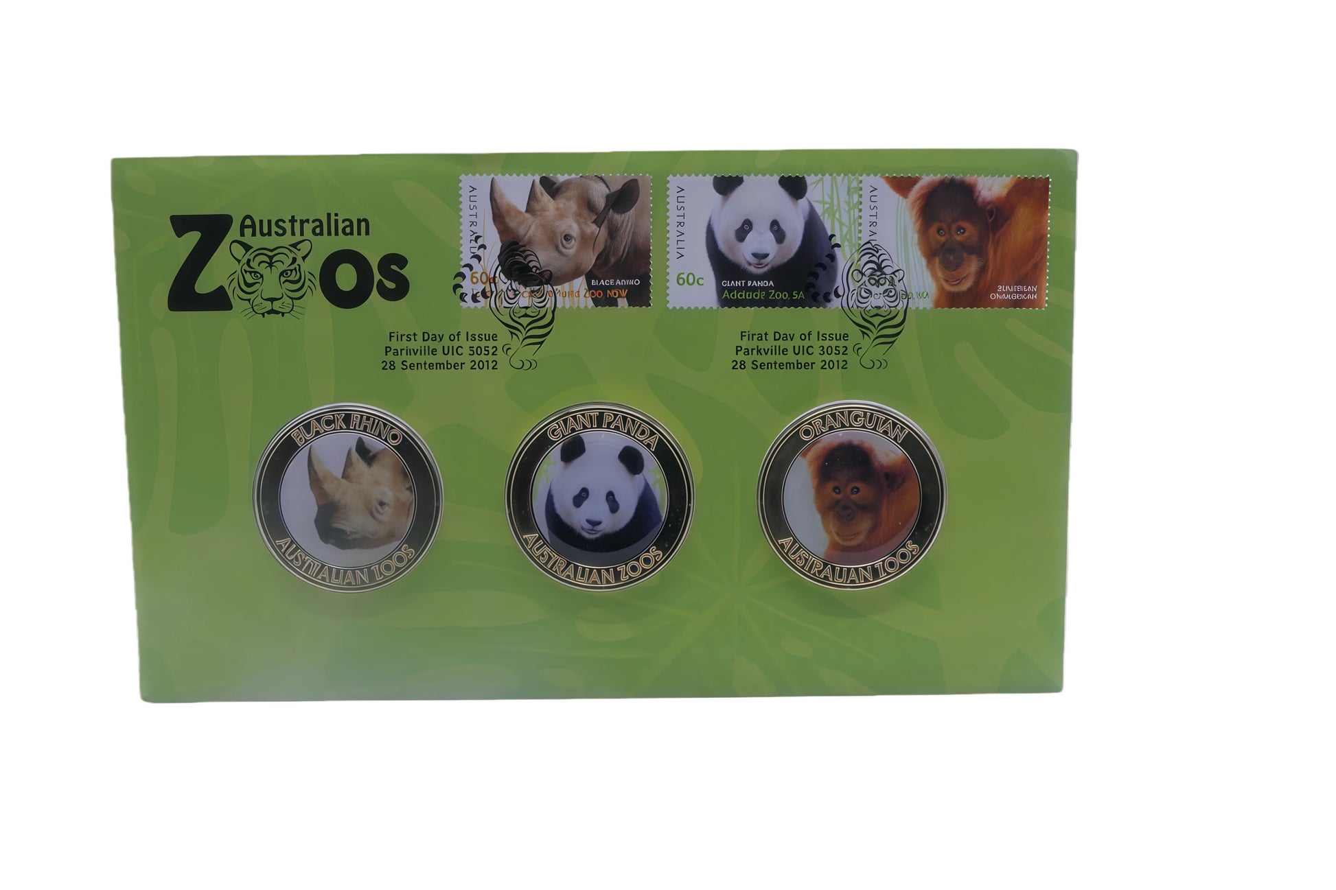 Australian Zoos Triple Coin PNC — Black Rhino, Giant Panda & Orangutan front