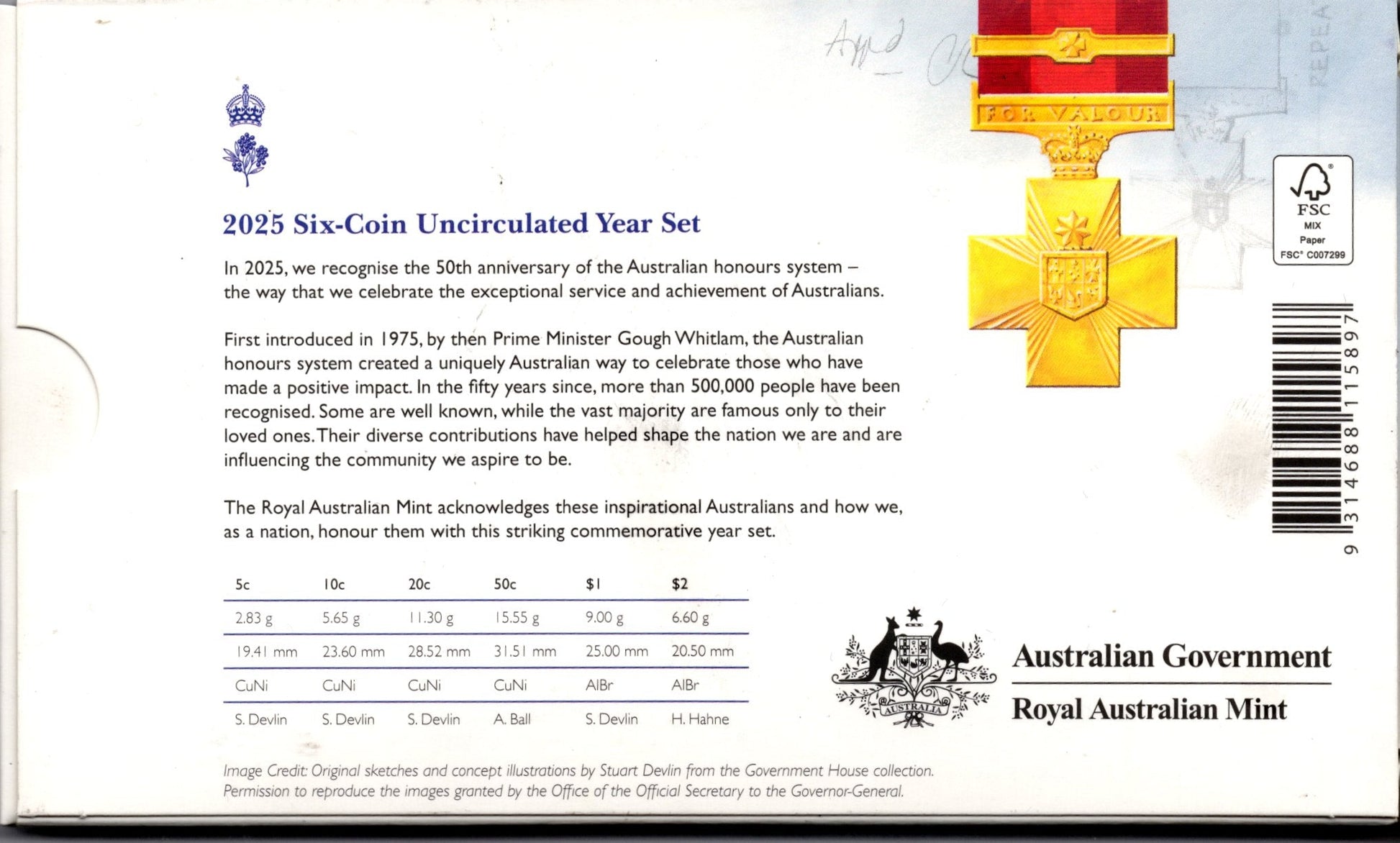 2025 Royal Australian Mint Six-Coin Uncirculated Year Set — Celebrating Australians reverse