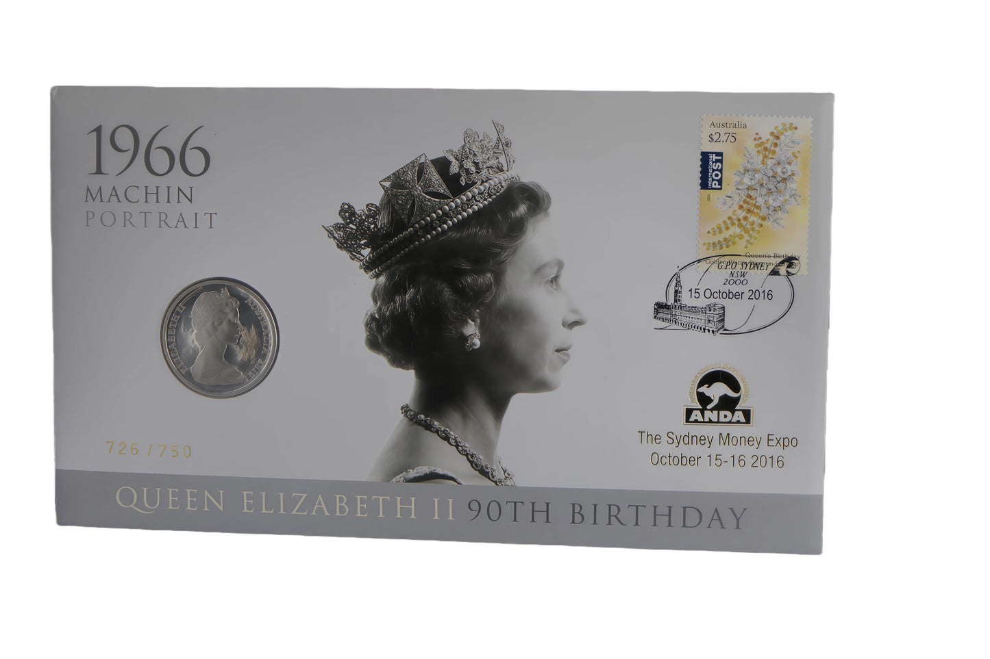 Queen Elizabeth II 90th Birthday PNC — 1966 Machin Portrait, ANDA Sydney Money Expo 2016 (186/150) front