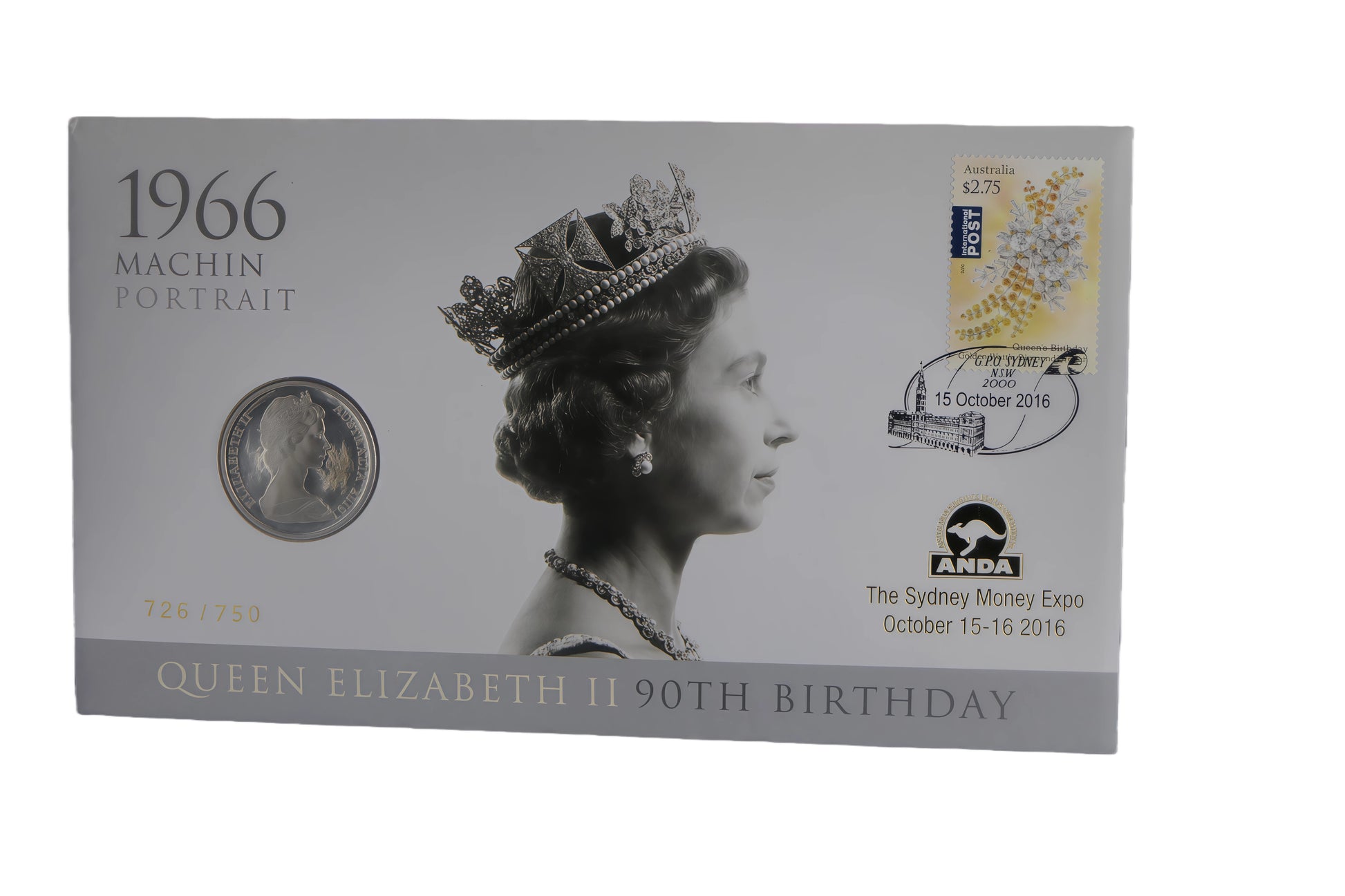 Queen Elizabeth II 90th Birthday PNC — 1966 Machin Portrait, ANDA Sydney Money Expo 2016 (186/150) front