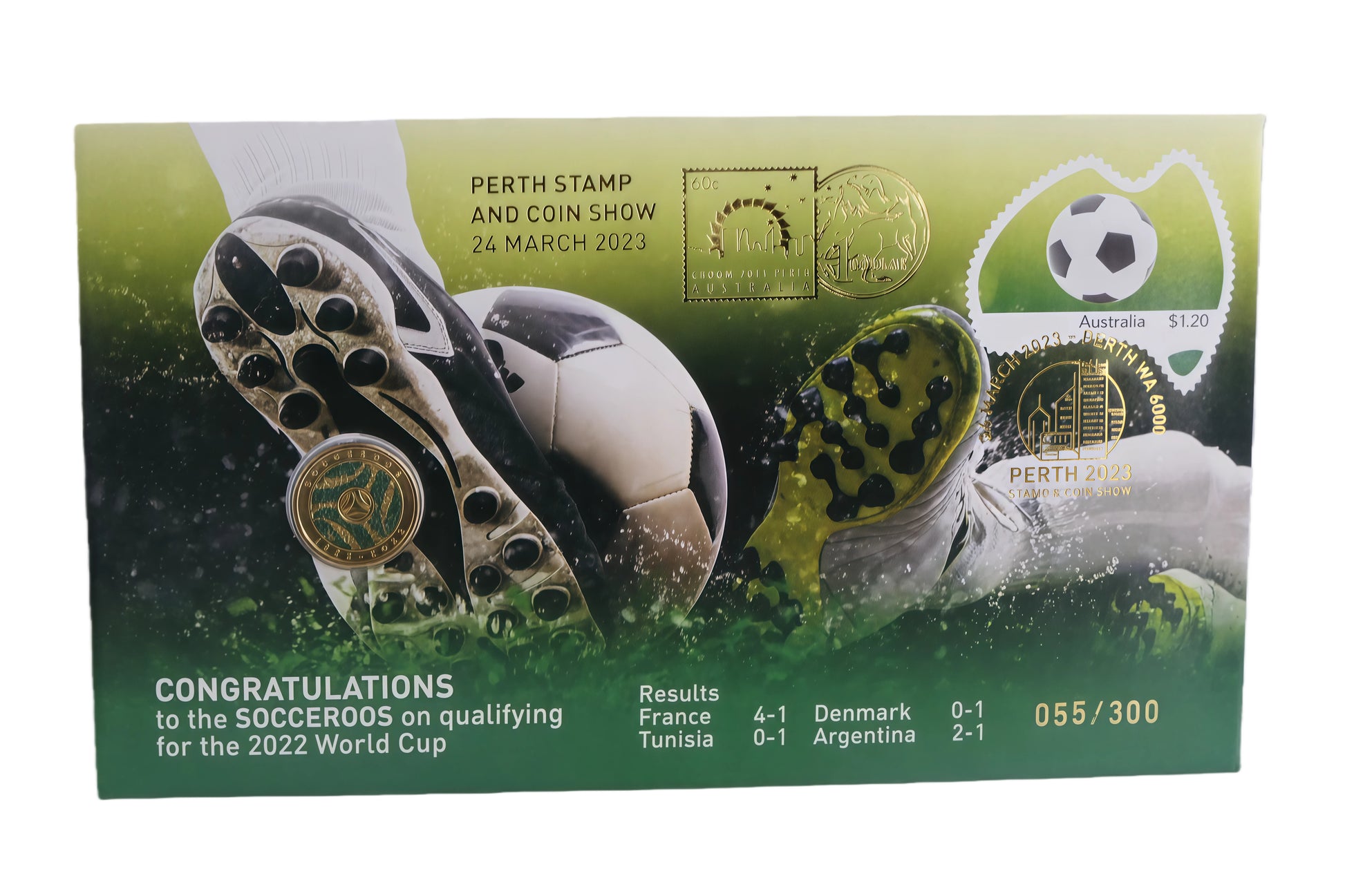 Socceroos 2022 World Cup Qualifying PNC — Perth Stamp & Coin Show 2023 (055/300) front