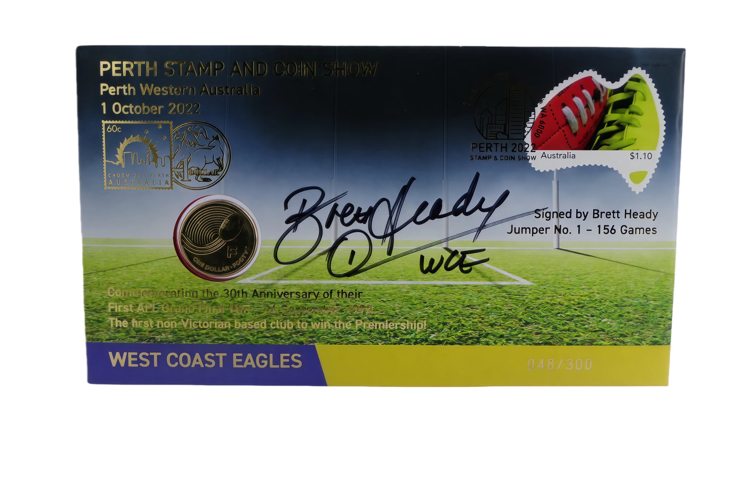 West Coast Eagles 30th Anniversary PNC — Signed Brett Heady, Perth Stamp & Coin Show 2022 (048/300) front