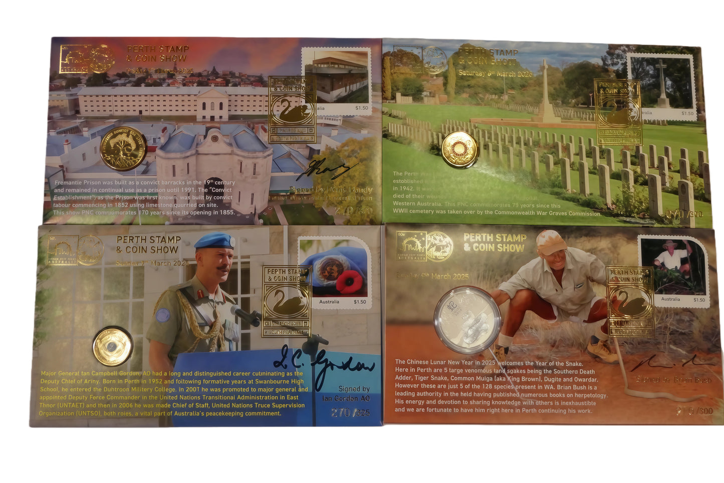 Perth Stamp & Coin Show 2025 — Four PNC Set (Fremantle Prison, Perth War Cemetery, Major General Ian Campbell-Glassow Ao,...