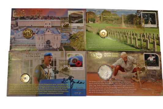 Perth Stamp & Coin Show 2025 — Four PNC Set (Fremantle Prison, Perth War Cemetery, Major General Ian Campbell-Glassow Ao,...