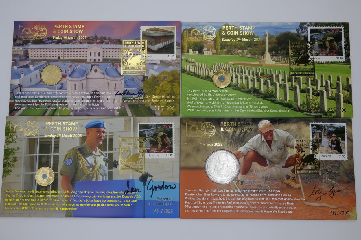 Perth Stamp & Coin Show 2025 — Four PNC Set (Fremantle Prison, Perth War Cemetery, Major General Ian Campbell-Glassow Ao...