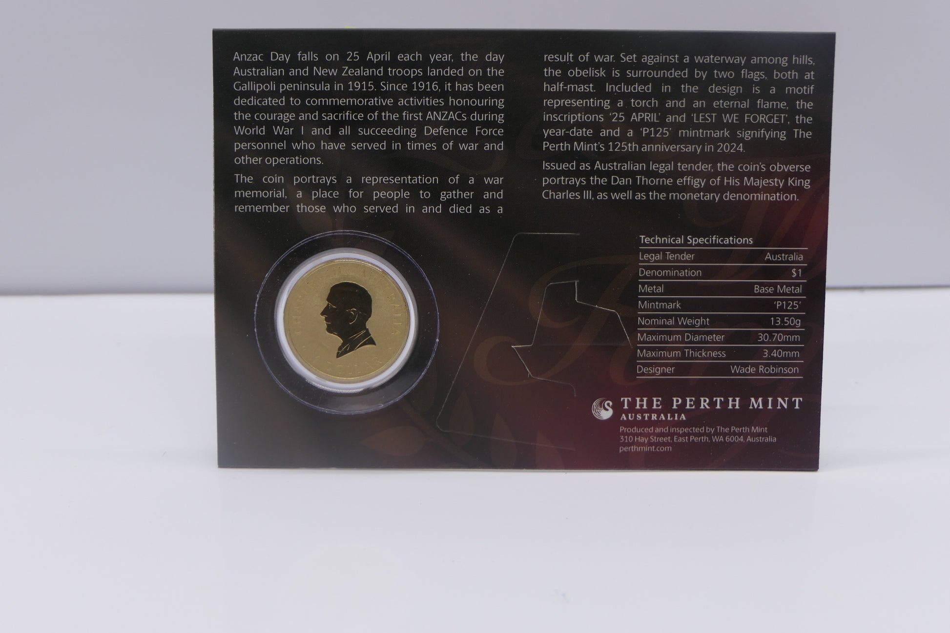 ANZAC Day 25 April 2024 $1 Coin Card — P125 Mintmark reverse
