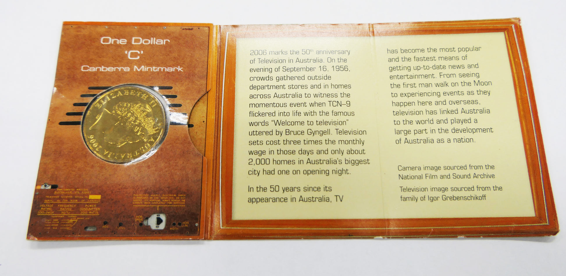 2006 Royal Australian Mint 50th Anniversary of Australian Television $1 'c' Mint Mark front