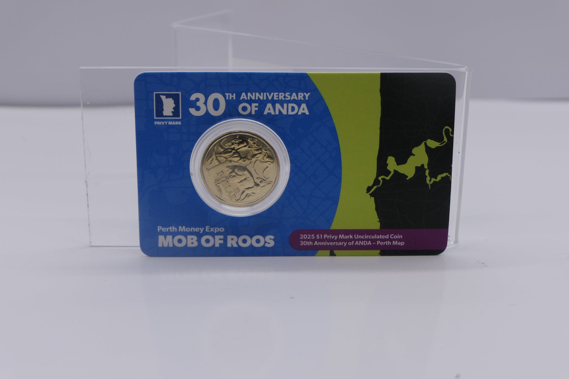 2025 Royal Australian Mint $1 Privy Mark Uncirculated Coin — 30th Anniversary of ANDA — Mob of Roos Perth Money Expo front