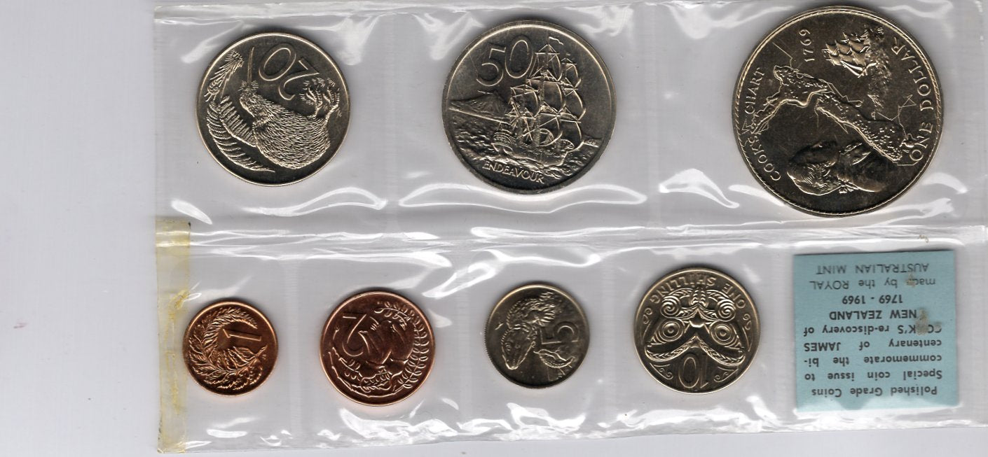 1969 Royal Australian Mint New Zealand Coins Set — Cook Bicentenary reverse