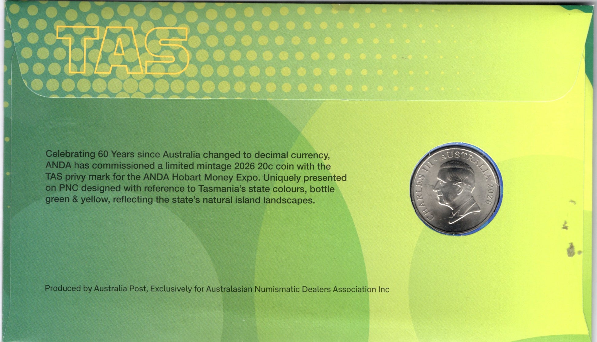 Australia Post Royal Australian Mint 2026 20c ANDA MONEY EXPO HOBART "TAS" PRIVY LIMITED EDITION PNC 300/600 reverse