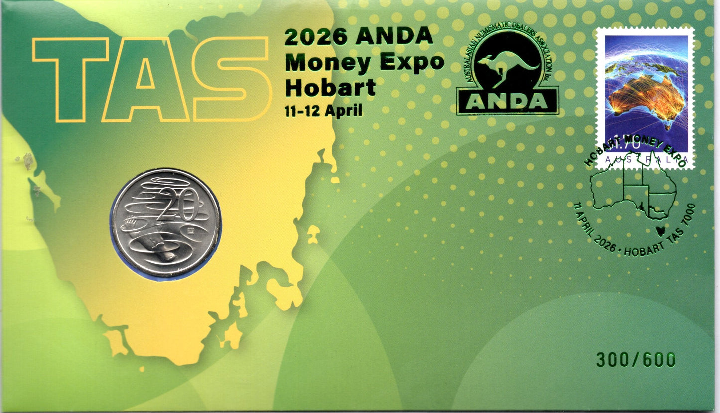 Australia Post Royal Australian Mint 2026 20c ANDA MONEY EXPO HOBART "TAS" PRIVY LIMITED EDITION PNC 300/600 front
