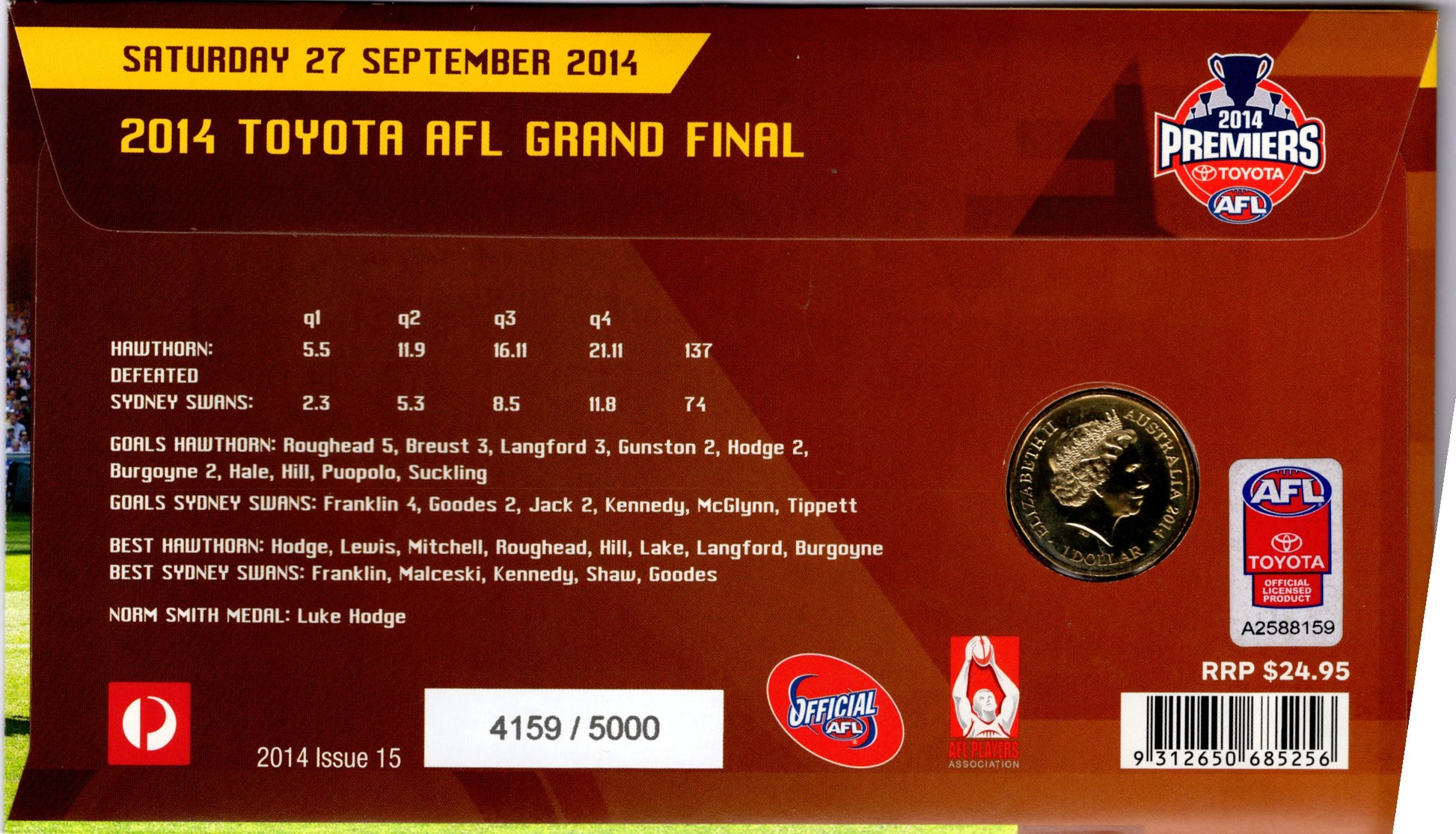 Australia Post Hawthorn Hawks AFL Premiers 2014 PNC reverse