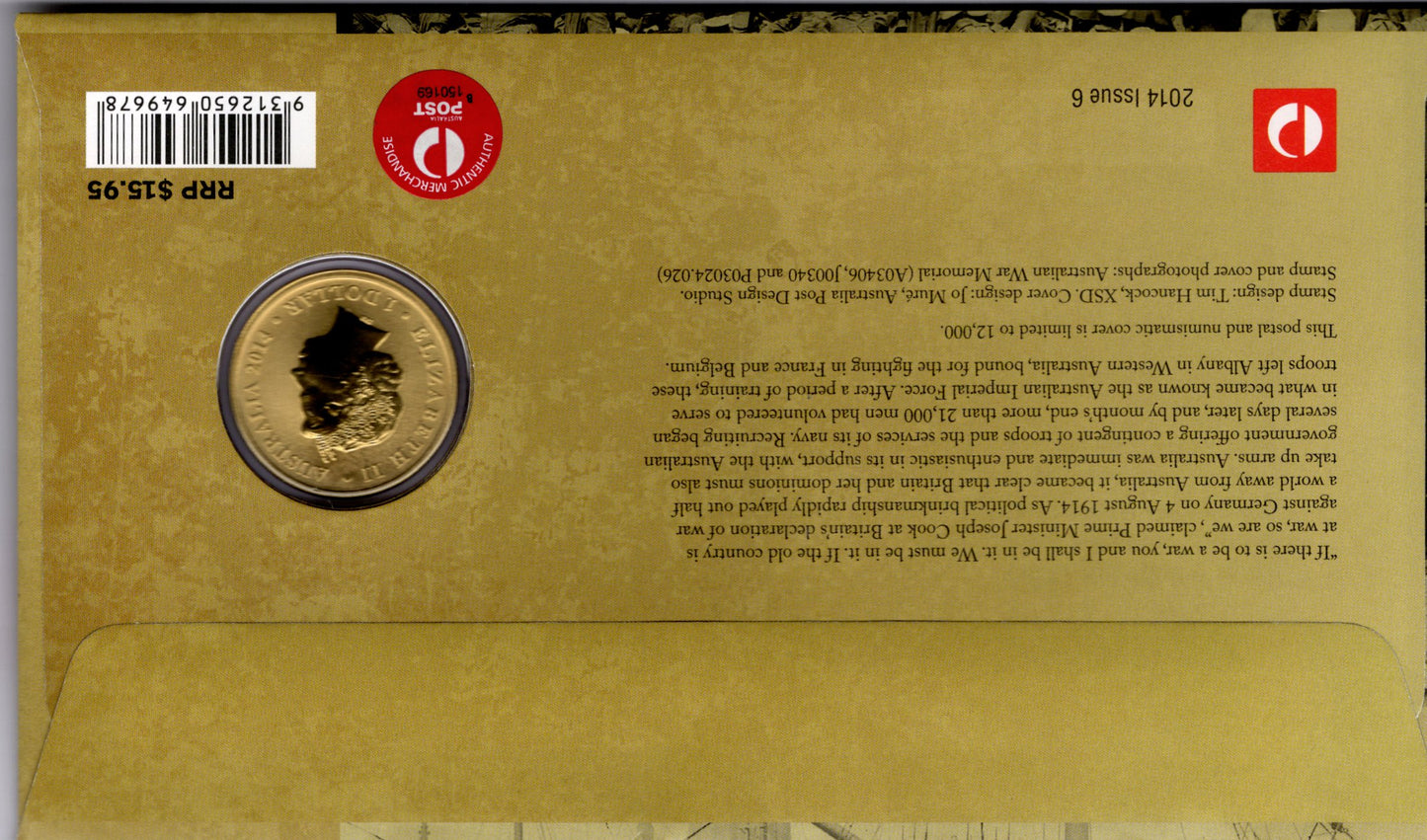 2014 Centenary of Wwi — 1914 War Declared PNC — First Day of Issue reverse