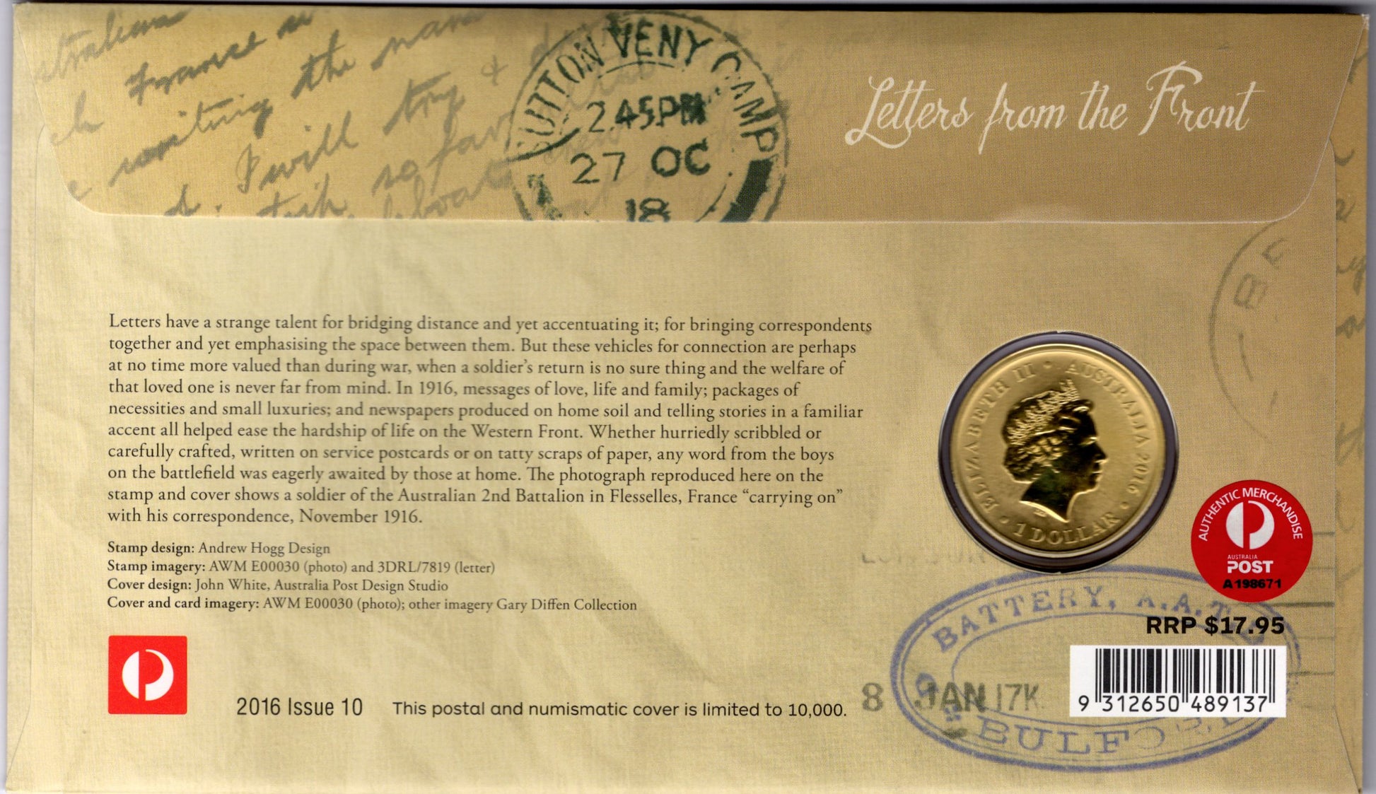 2016 Australia Post Letters from the Front Centenary of WWI PNC reverse