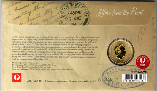 2016 Australia Post Letters from the Front Centenary of WWI PNC reverse