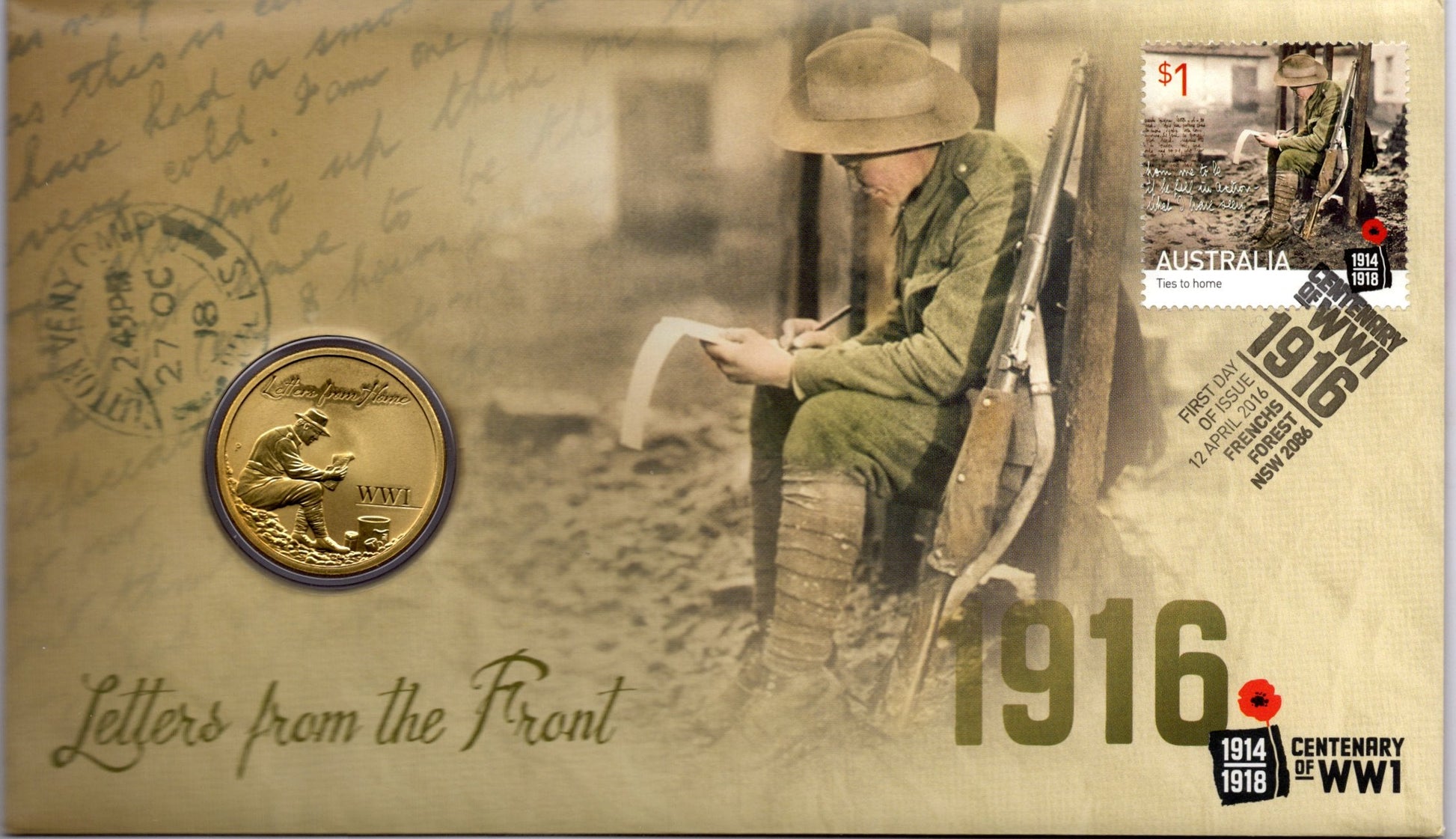 2016 Australia Post Letters from the Front Centenary of WWI PNC front