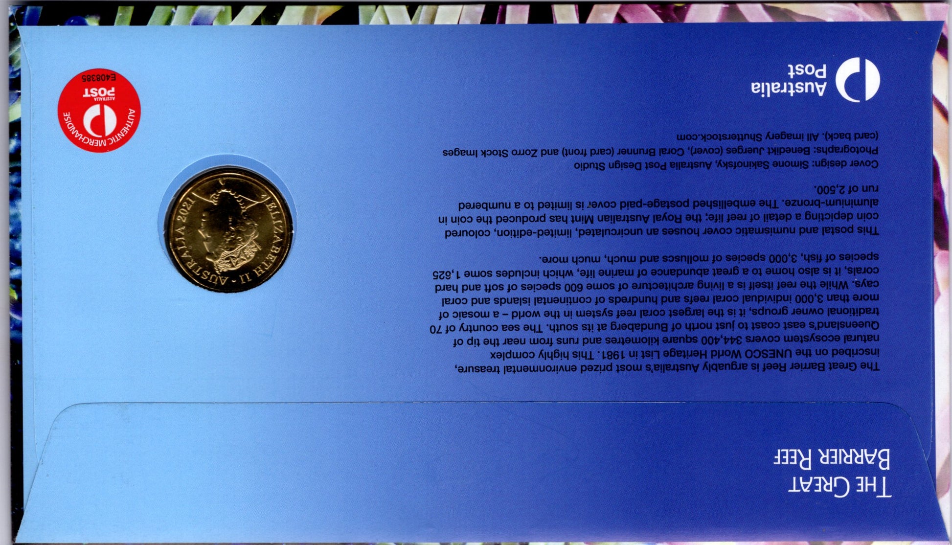 2021 Australia Post $1 Impressions Great Barrier Reef Coloured 'g' PNC reverse