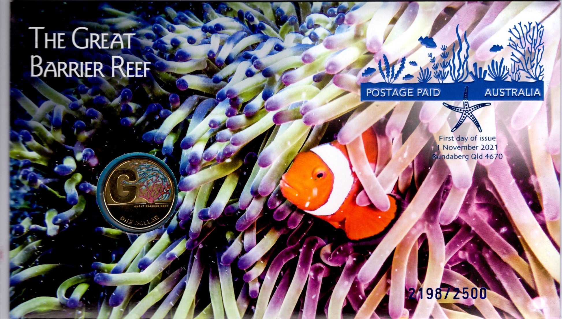2021 Australia Post $1 Impressions Great Barrier Reef Coloured 'g' PNC front