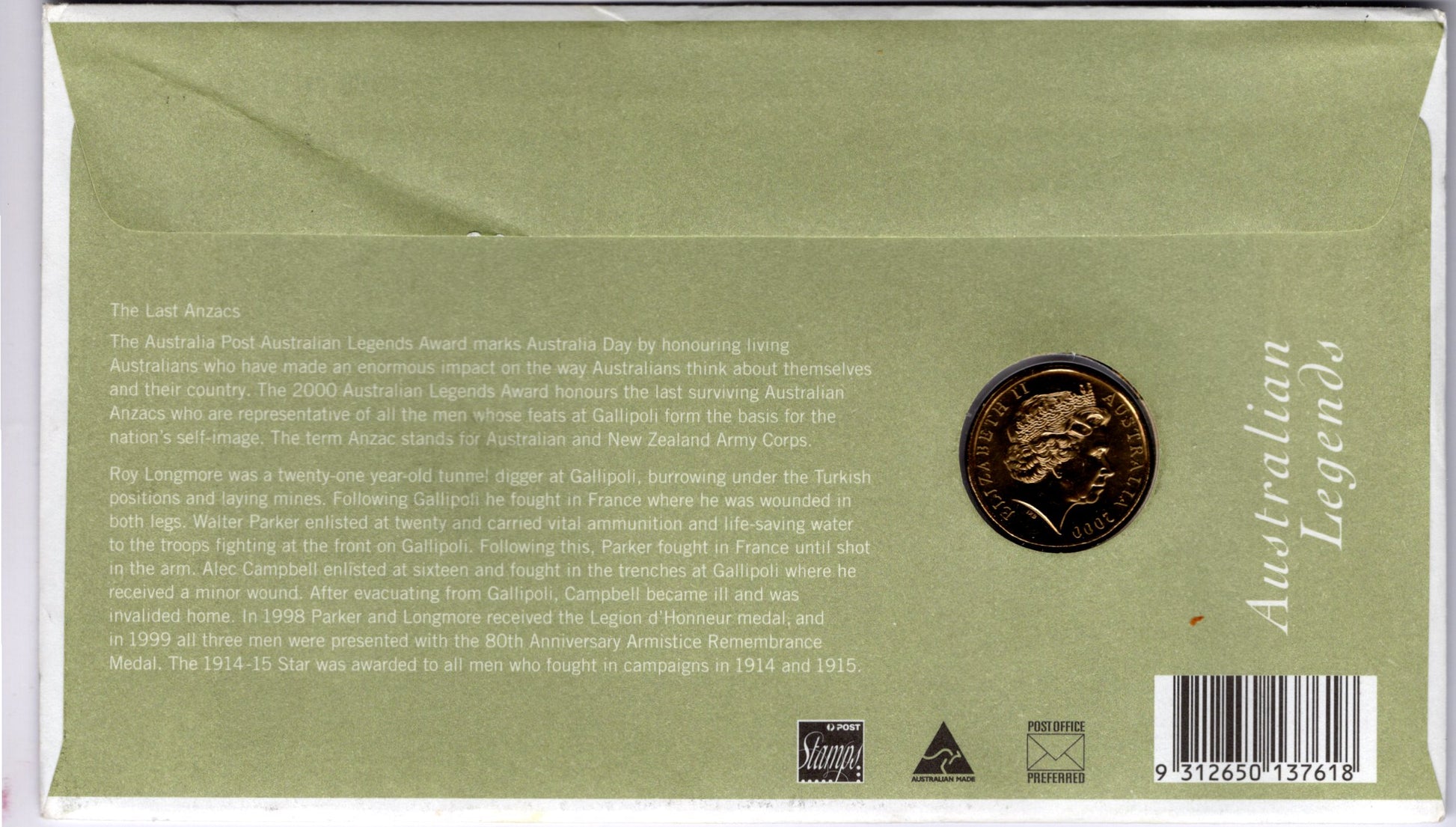 2000 Australia Post Australian Legends PNC reverse