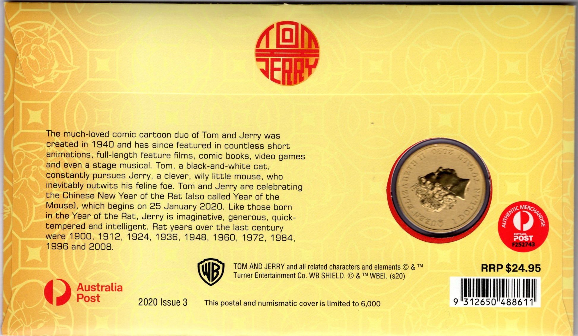 2020 Australia Post Tom & Jerry 80th Anniversary Stamp and Coin Cover PNC reverse
